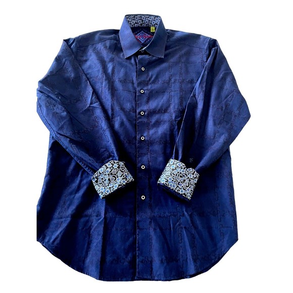 ROBERT GRAHAM Long Sleeve Shirt Dark Blue Paisley Button Front Flip Cuffs Sz M - Picture 8 of 8